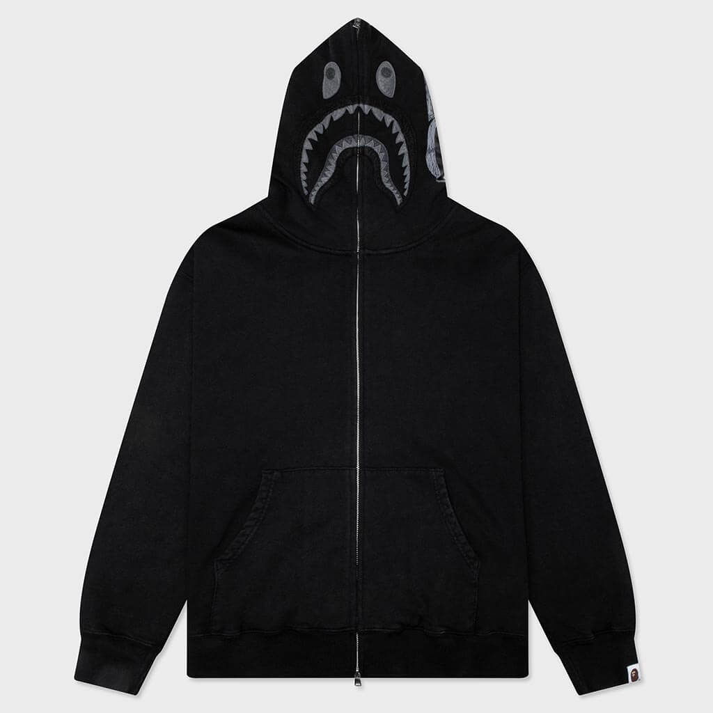 Garment Dye Shark Relaxed Fit Full Zip Hoodie - Black