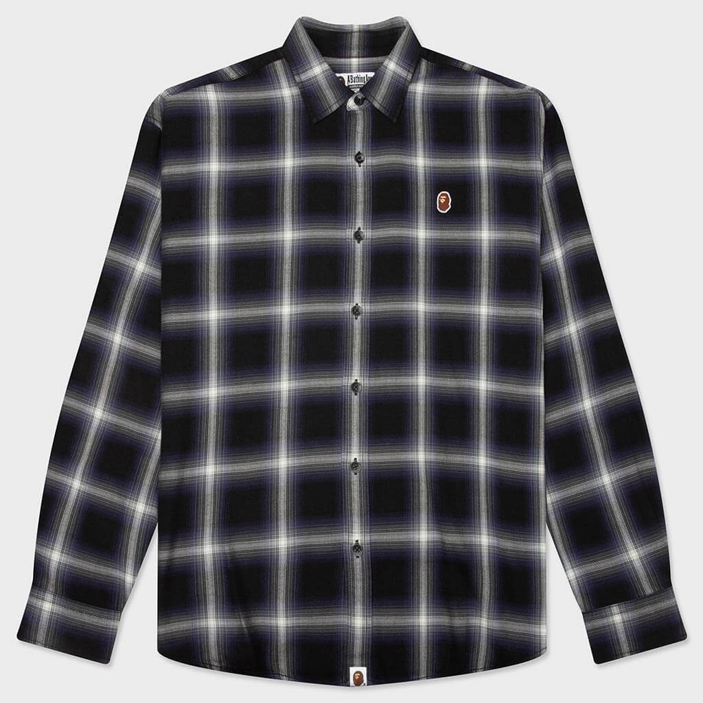 One Point Ombre Check Light Flannel L/S Shirt - Black