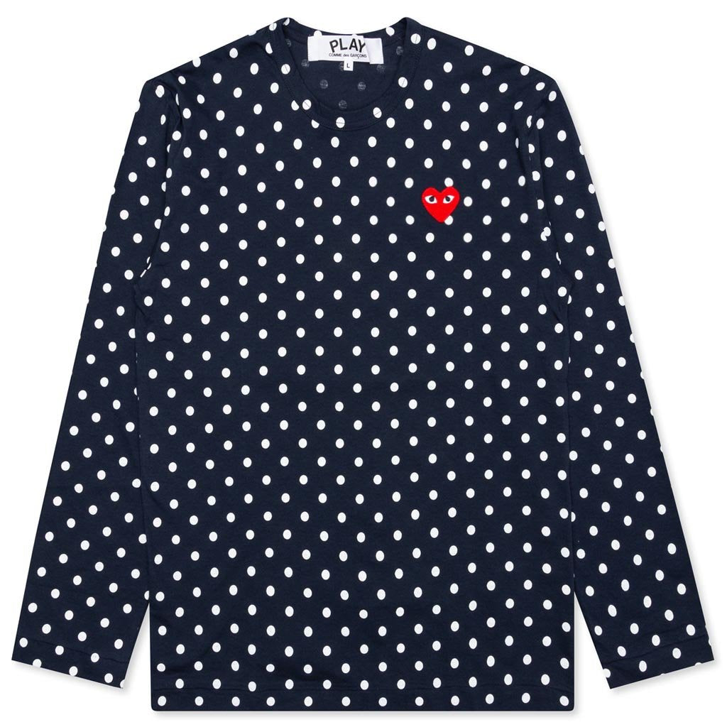 紺PLAY COMME DES GARÇONS ポルカドット長袖TシャツSサイズ レディースポルカドット長袖Tシャツ-ネイビー – Feature